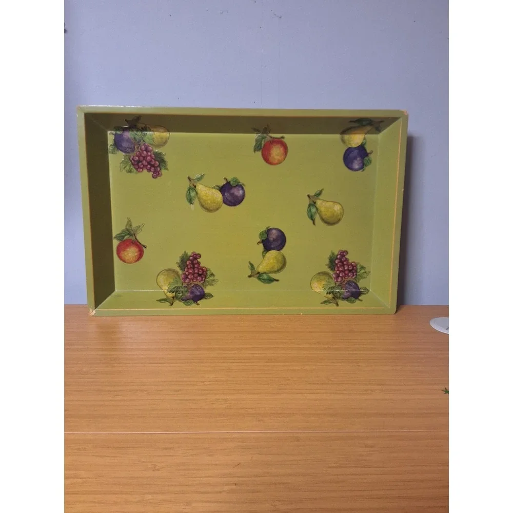 Wooden Serving Display‎ Tray Green With Fruit Motif. 18